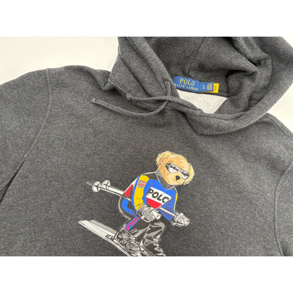 Polo Ralph Lauren Men's Ski Bear Charcoal Gray Pullover Hooded Sweatshirt, Large